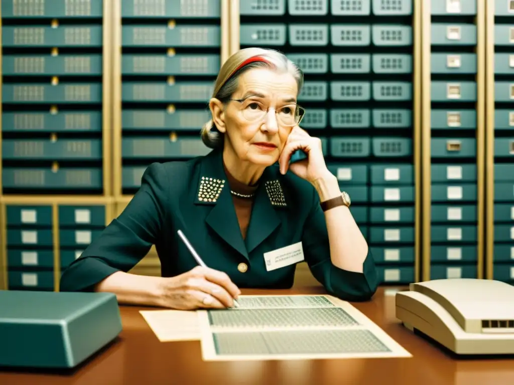 Grace Hopper concentrada en el primer compilador, rodeada de tarjetas perforadas y equipo informático vintage