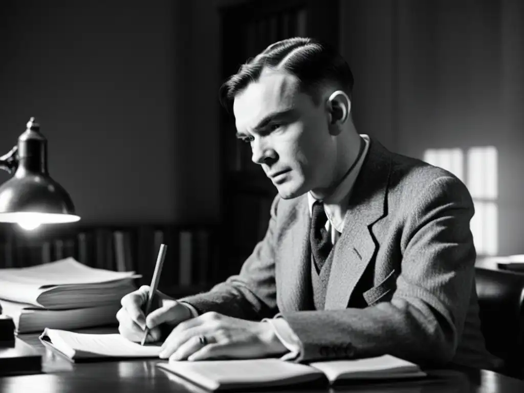 Alan Turing concentrado en su escritorio, trabajando en descifrar un código, rodeado de libros y papeles en una habitación con luz tenue