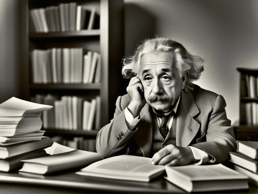 Albert Einstein concentrado en su escritorio, rodeado de libros y papeles, mientras trabaja en su Teoría de la relatividad