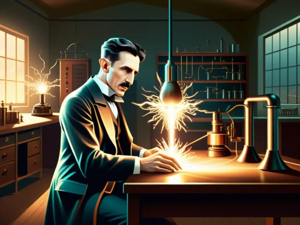 Nikola Tesla concentrado en su laboratorio, rodeado de equipos eléctricos, realizando experimentos con electricidad