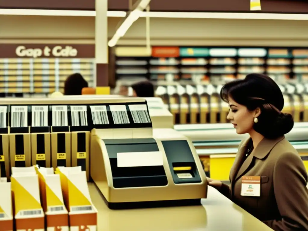 Una fotografía vintage de una concurrida caja de supermercado de los años 70, muestra clientes usando la última tecnología de escaneo de códigos de barras