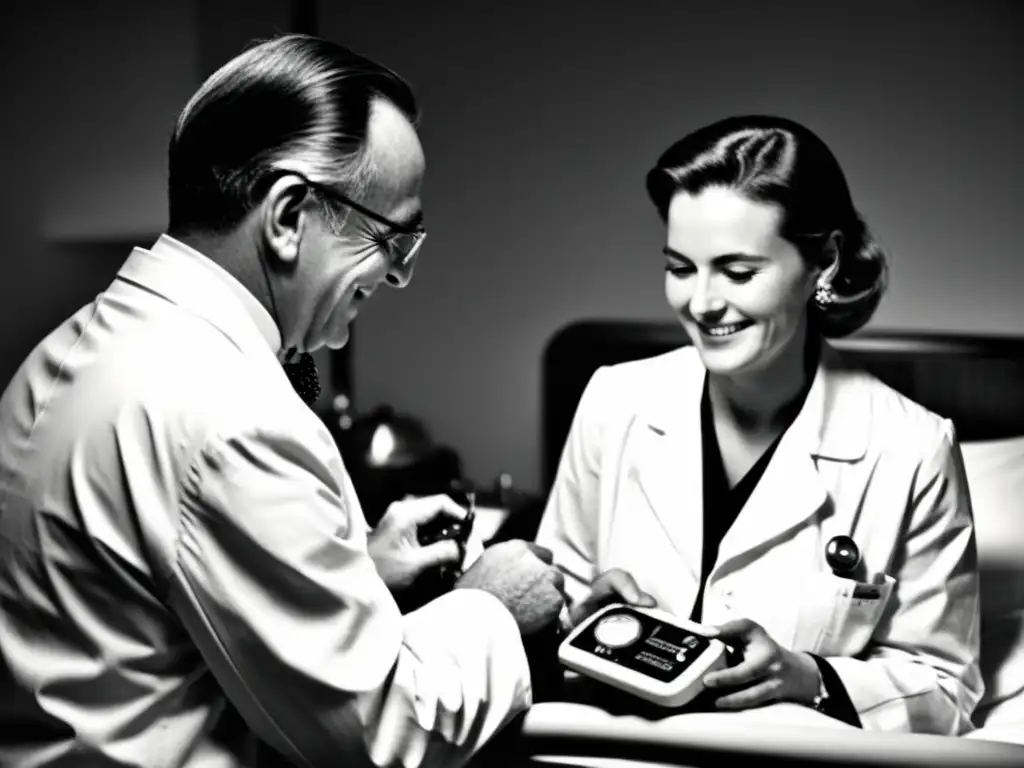 Una conmovedora imagen vintage en blanco y negro de un médico ajustando un antiguo marcapasos cardiaco, mientras el paciente sonríe agradecido