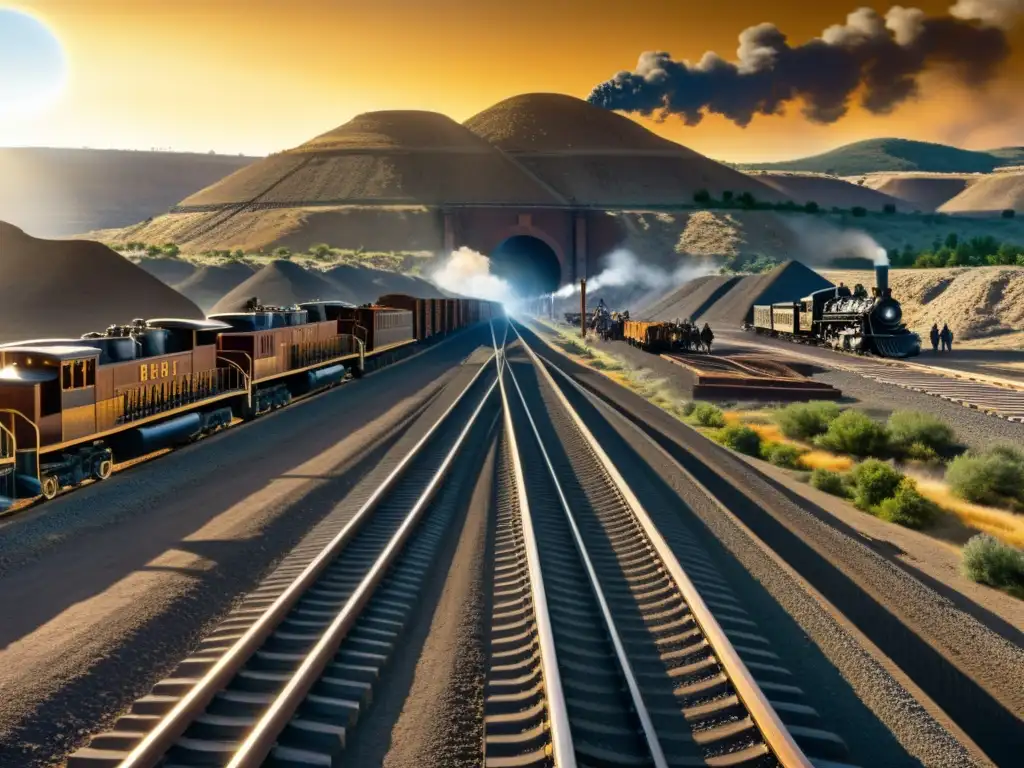 Construcción del impacto ferrocarril transcontinental en América: obreros bajo el sol, locomotoras poderosas y paisaje impresionante