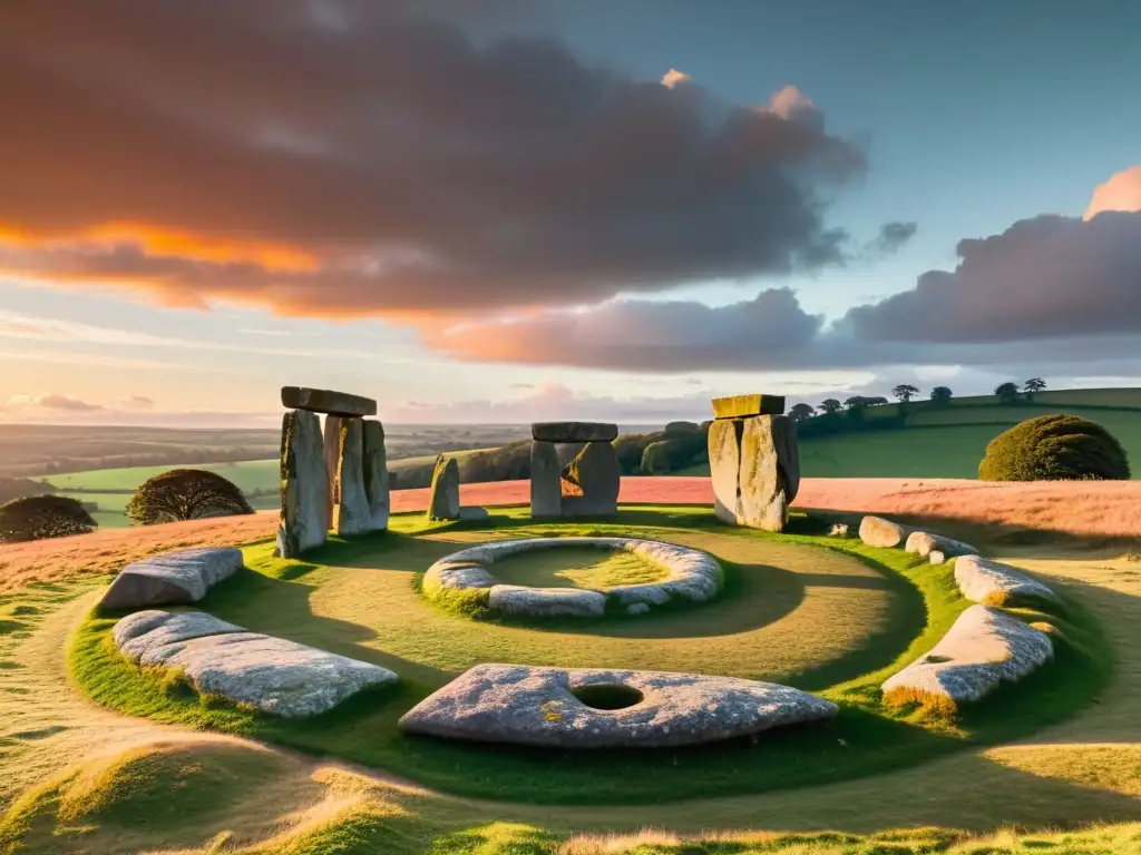 Espectacular círculo de piedras al atardecer Construcciones megalíticas antiguas explicadas: Círculo de piedras al atardecer, sombras largas, símbolos iluminados por el cálido resplandor del sol
