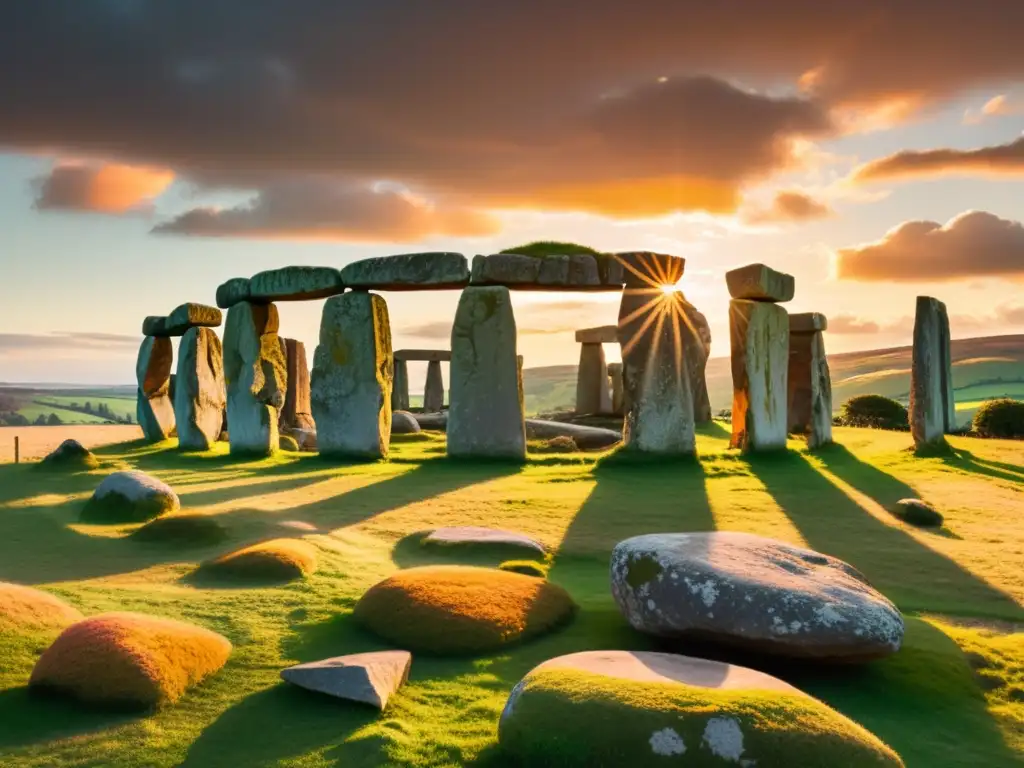 Círculo de piedra ancestral al atardecer Construcciones megalíticas antiguas explicadas: círculo de piedras al atardecer, con sombras alargadas y misterioso aura de sabiduría ancestral
