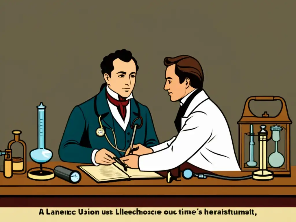 La ilustración vintage de Laennec en su consultorio rodeado de instrumentos médicos antiguos captura la esencia histórica de la auscultación