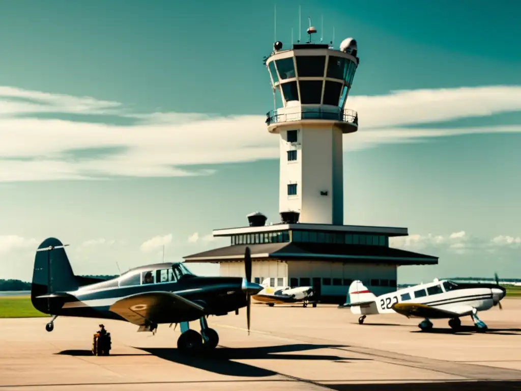 Control tower vintage con aviones y radares, evoca la importancia de la seguridad en el transporte aéreo