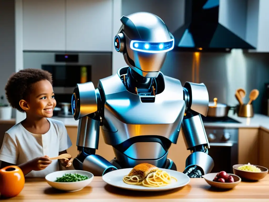 Convivencia armoniosa con robots en el hogar: Familia interactúa con un robot cocinero futurista en una cocina moderna, bañada en luz natural