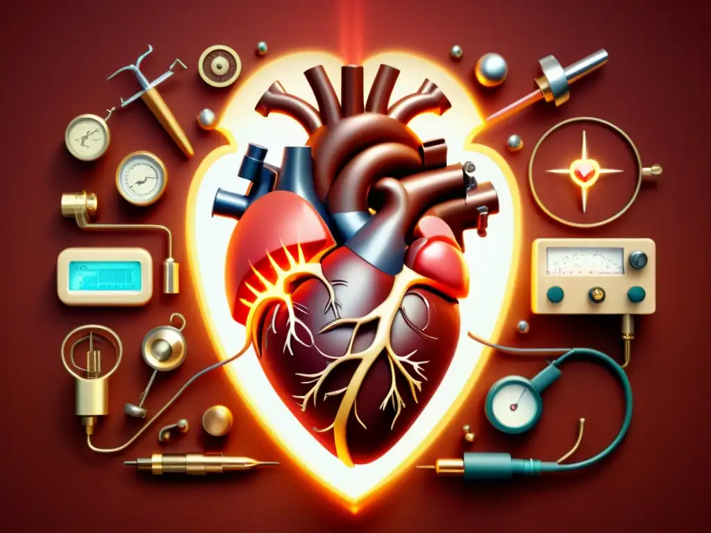 Un corazón humano vintage emite señales eléctricas, rodeado de instrumentos científicos y herramientas médicas antiguas