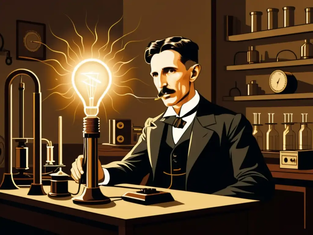 Nikola Tesla dedicado a experimentos eléctricos en su laboratorio, evocando innovaciones de Tesla en electrónica