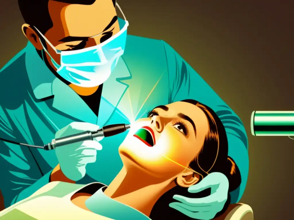 Un dentista utiliza un láser en una precisa aplicación médica del láser, destacando la tecnología y la comodidad del paciente en un estilo vintage