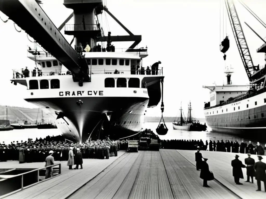 Desarrollo histórico energía undimotriz: Fotografía vintage en un bullicioso puerto del siglo XX