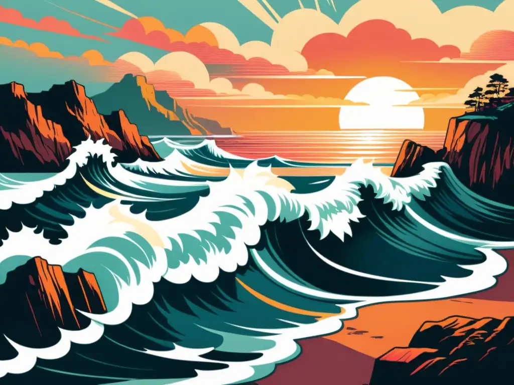 Desarrollo histórico energía undimotriz: Ilustración vintage de costa con olas poderosas chocando en acantilados, atardecer dramático