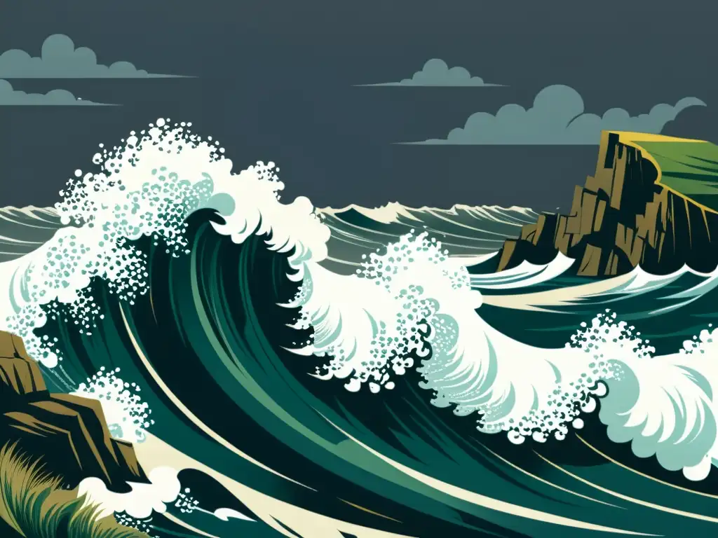 Desarrollo histórico energía undimotriz: Ilustración vintage de oleaje poderoso chocando contra acantilados rocosos en un paisaje costero dramático