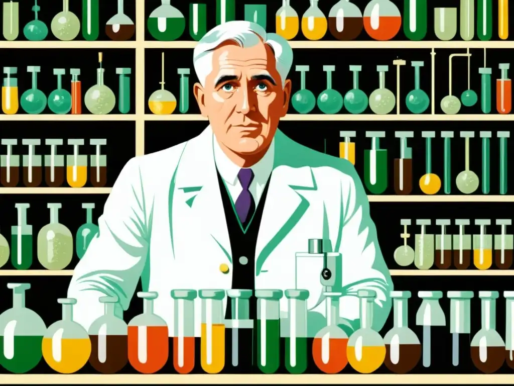 Descubrimiento de los Antibióticos Histórico: Ilustración detallada de Alexander Fleming en su laboratorio, asombrado al descubrir la penicilina