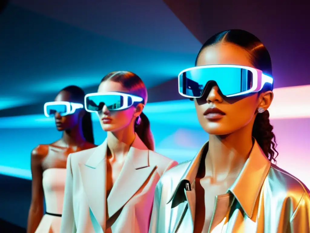 Desfile de moda con modelos usando gafas de realidad aumentada y accesorios futuristas, mostrando la integración de la realidad aumentada en wearables