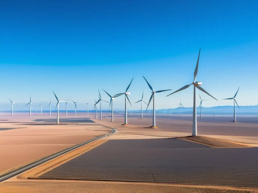 Desierto extenso con turbinas eólicas y paneles solares, simbolizando la energía sostenible frente a los combustibles fósiles fin