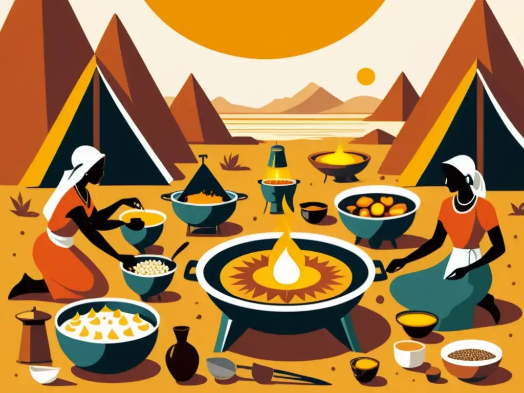 Detallada ilustración vintage de antiguas civilizaciones usando cocinas solares, evocando la evolución de la cocina solar en diferentes culturas