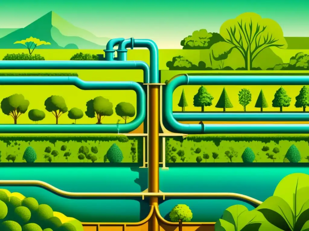 Detallada ilustración vintage de un antiguo sistema de ingeniería hidráulica sostenible, integrado armónicamente con la naturaleza