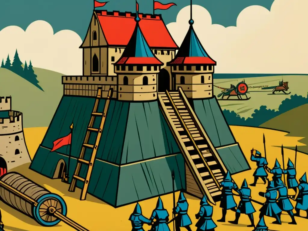 Detallada ilustración vintage de un asedio medieval, con trebuchet y catapultas lanzando proyectiles hacia un castillo fortificado