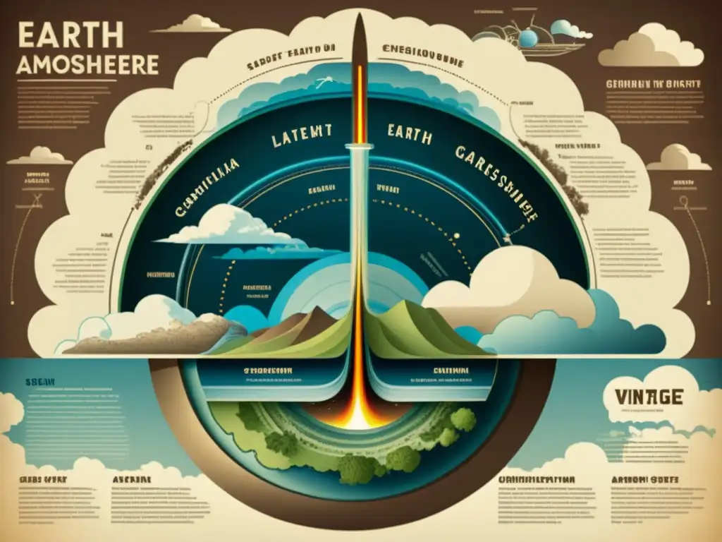 Ilustración vintage detallada de la atmósfera terrestre con capas, nubes y aerosoles