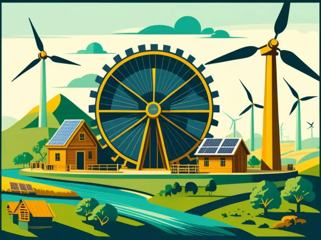 Detallada ilustración vintage muestra la evolución de avances en energías renovables a lo largo de la historia, desde antiguas ruedas de agua hasta modernos aerogeneradores y paneles solares