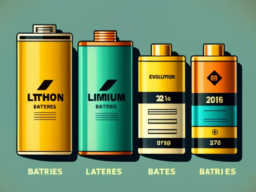 Detallada ilustración vintage de la evolución de las baterías sostenibles, mostrando sus intrincados avances tecnológicos a lo largo de los años