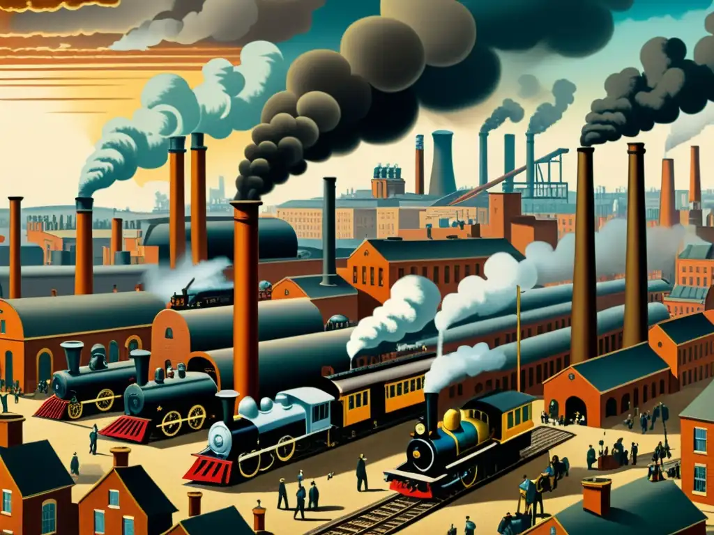 Ilustración detallada de una bulliciosa ciudad industrial del siglo XIX, con impacto en la economía global durante la Revolución Industrial