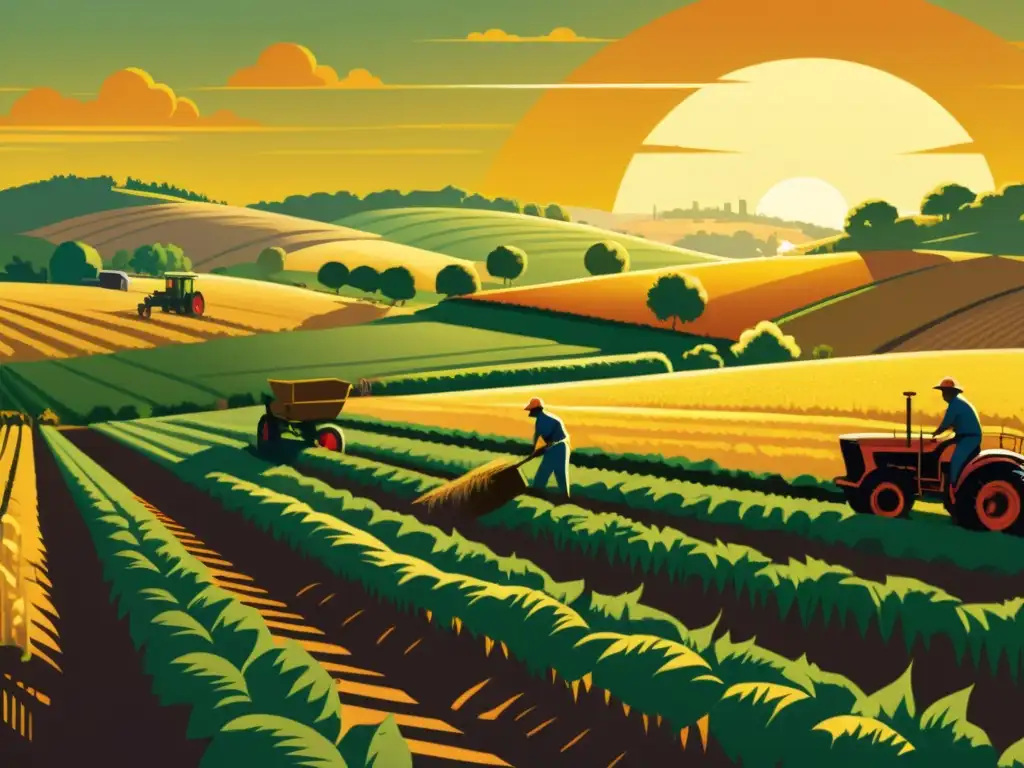 Una detallada ilustración vintage en 8k de un bullicioso paisaje agrícola, con trabajadores cosechando cultivos y cuidando plantas de biomasa