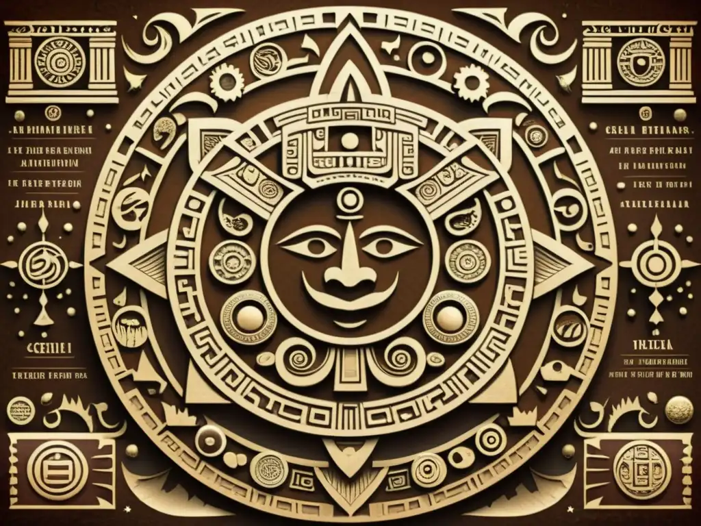 Una detallada ilustración vintage del calendario maya, con intrincados grabados y símbolos representando cuerpos celestes y precisión astronómica