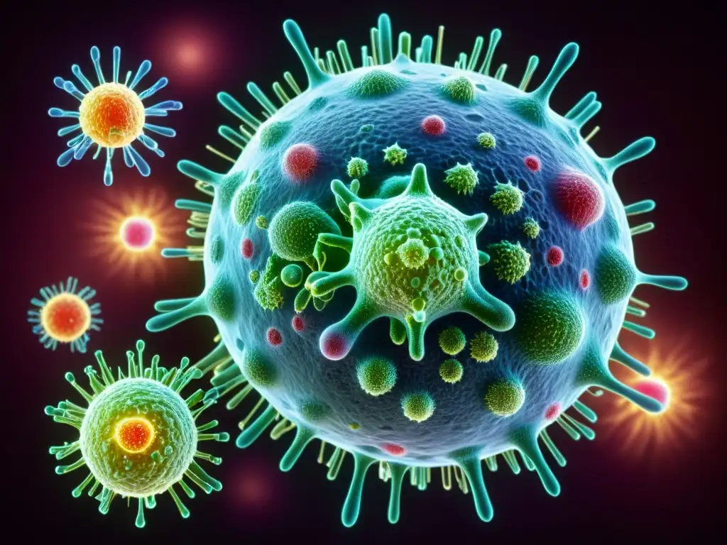 Representación detallada de células del sistema inmune atacando células cancerosas