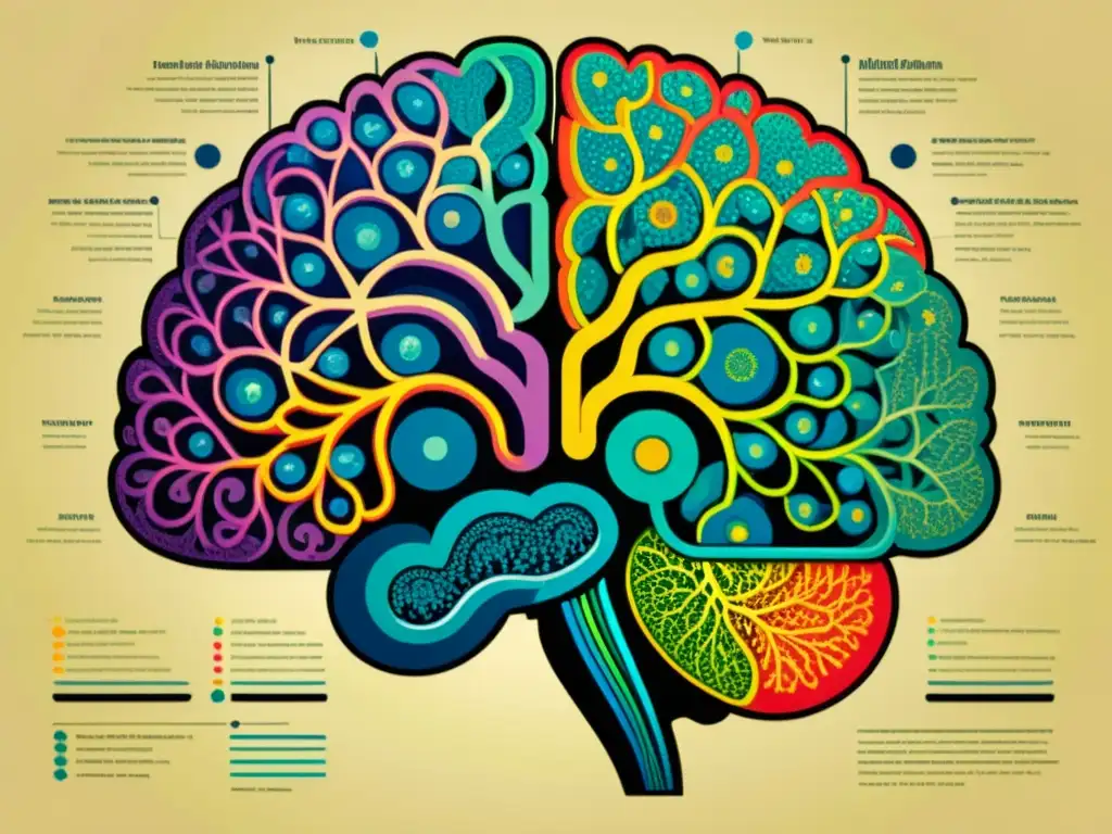 Una ilustración vintage detallada de un cerebro humano con redes neuronales, representando la complejidad del cerebro