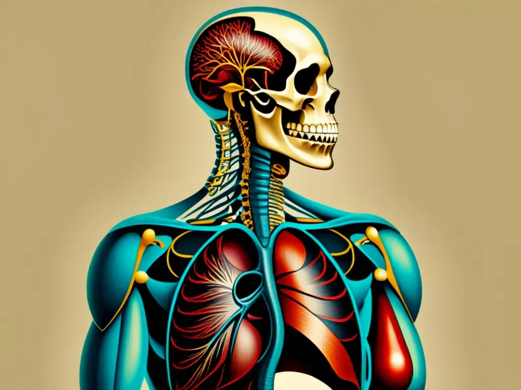 Detallada ilustración vintage del cuerpo humano, evocando el estilo de Vesalio