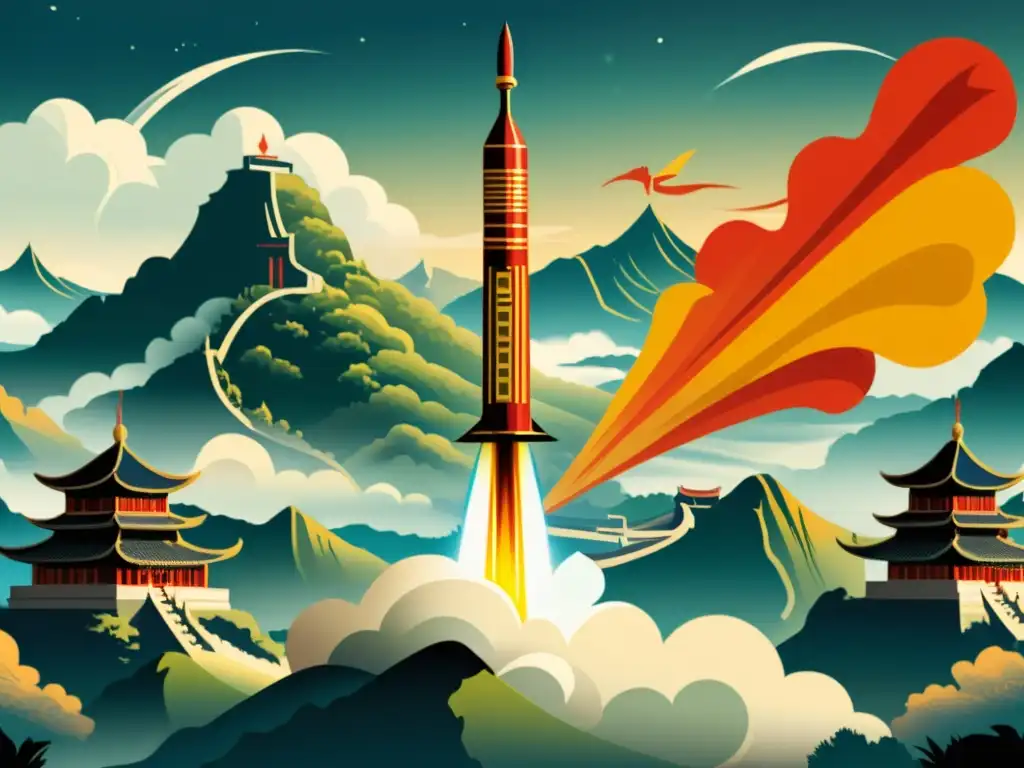 Ilustración detallada de una flecha de fuego china vintage en pleno vuelo, con patrones intrincados y paisaje antiguo al fondo