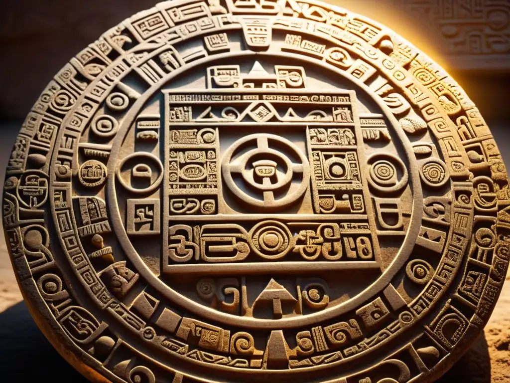 Detallada imagen del Calendario Maya bañado en cálida luz dorada, resaltando sus intrincados glifos