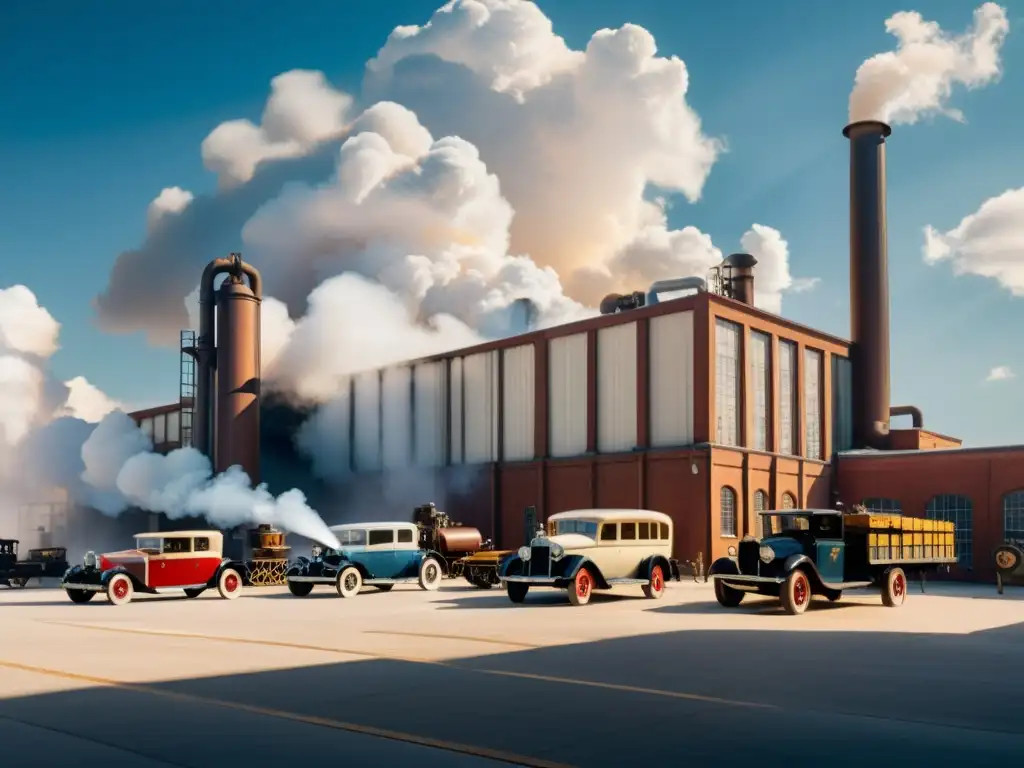 Detallada imagen de fábrica industrial del siglo XX con maquinaria vintage y trabajadores, rodeada de humo blanco