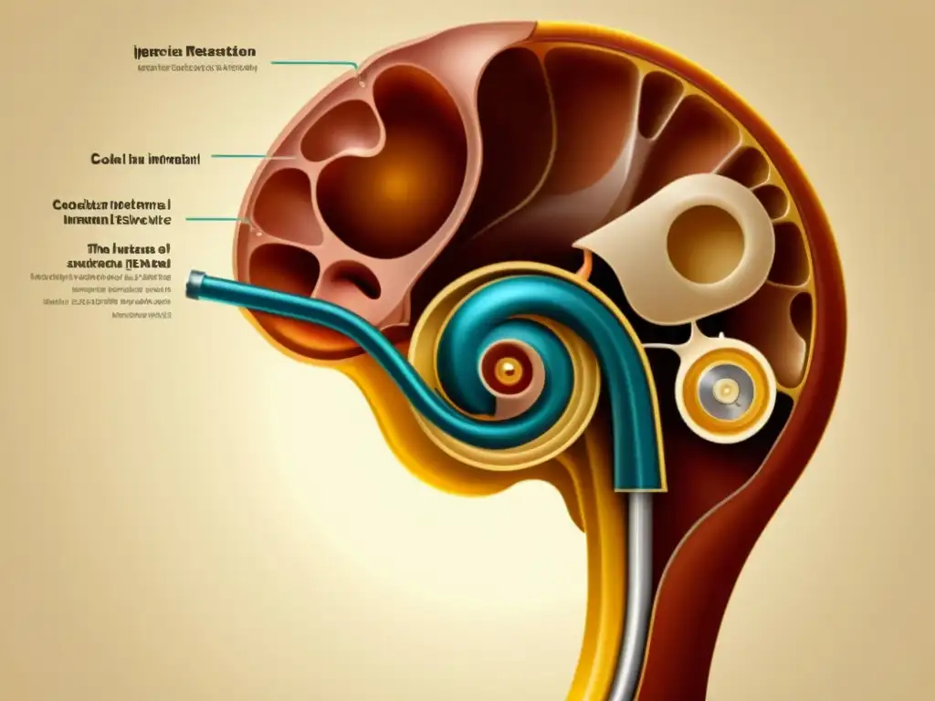 Una ilustración vintage detallada de un implante coclear, mostrando sus intrincados componentes internos y su interacción con la anatomía del oído