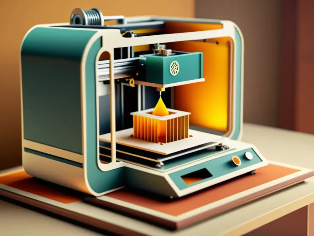 Impresión 3D detallada en operación: innovación artesanal Una ilustración vintage muestra una detallada impresora 3D en funcionamiento, con engranajes, tubos y capas de material