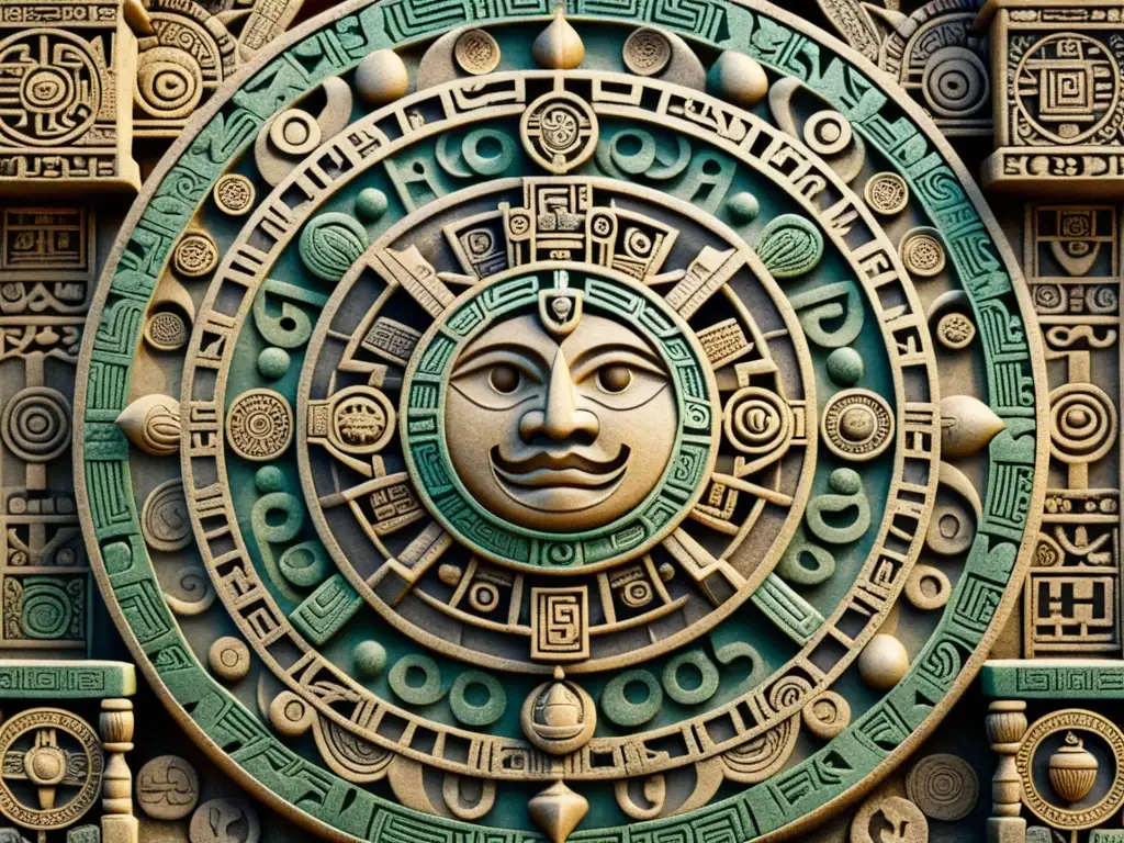 Detallada ilustración del intrincado y ornamentado Calendario Maya, tallado en piedra con imágenes simbólicas y patrones geométricos