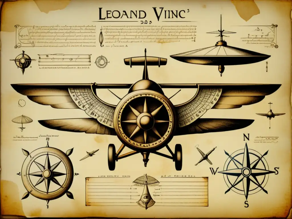 Detallada ilustración vintage de los inventos de Leonardo da Vinci, capturando la esencia de la ingeniosidad humana en la historia