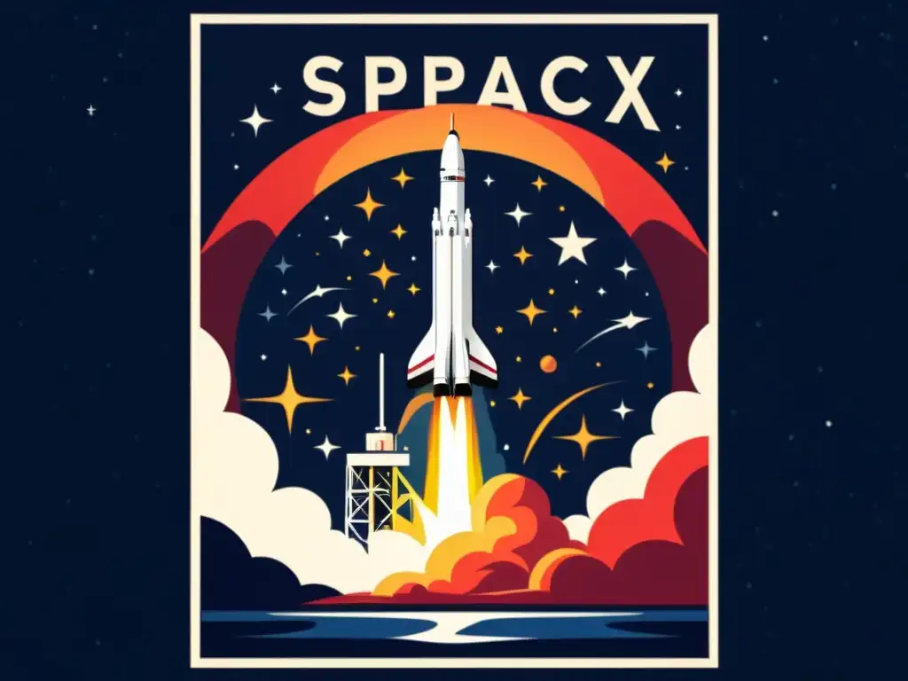 Ilustración detallada de lanzamiento del cohete SpaceX Falcon Heavy en una noche estrellada