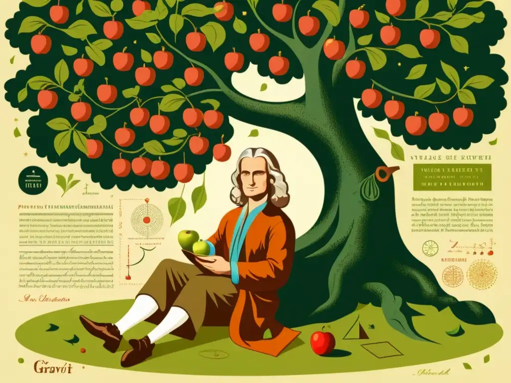 Una detallada ilustración vintage de Sir Isaac Newton bajo un manzano, con ecuaciones y la gravedad