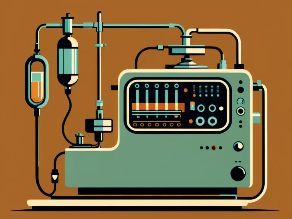 Una detallada ilustración vintage de una máquina de diálisis histórica, con componentes mecánicos intrincados y una paleta de colores cálidos