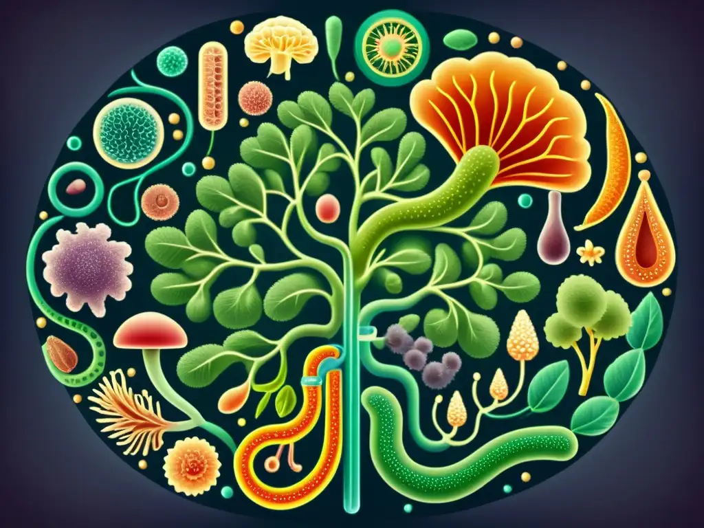 Ilustración detallada de la microbiota humana, mostrando la compleja red de microorganismos y su impacto en la salud farmacéutica
