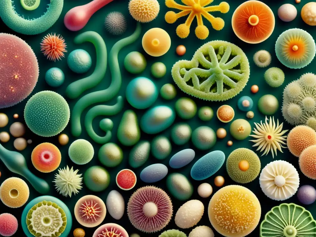 Detallada ilustración vintage de microorganismos diversos en un ecosistema complejo, con impacto en la salud y la farmacéutica