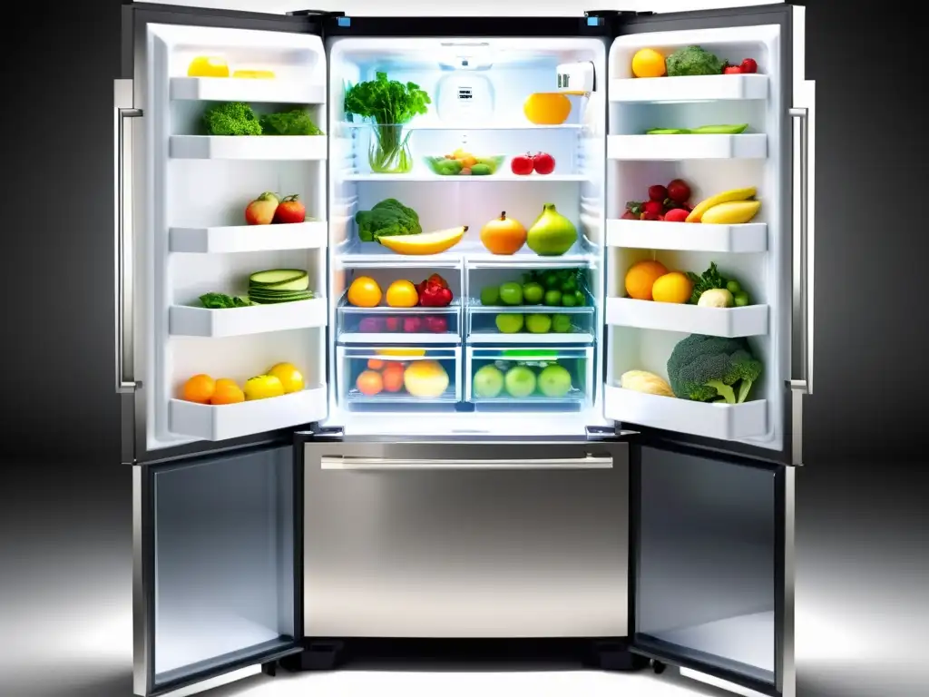 Una fotografía detallada de un moderno refrigerador lleno de alimentos frescos, resaltando el impacto del refrigerador en la conservación de alimentos