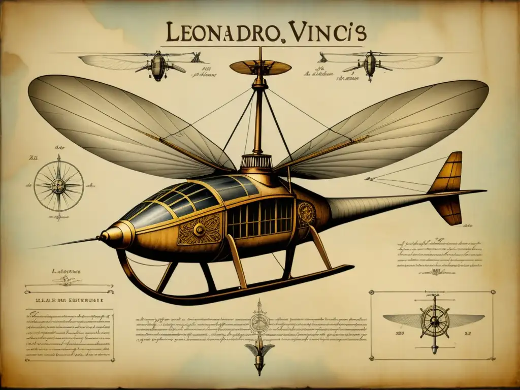 Detallada ilustración vintage en 8k del ornitóptero de Leonardo da Vinci, con anotaciones e intrincados dibujos