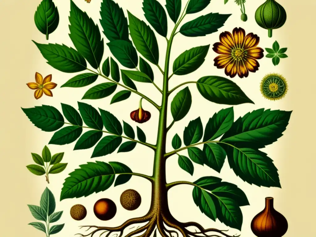 Detallada ilustración vintage de una planta medicinal, destacando su belleza natural