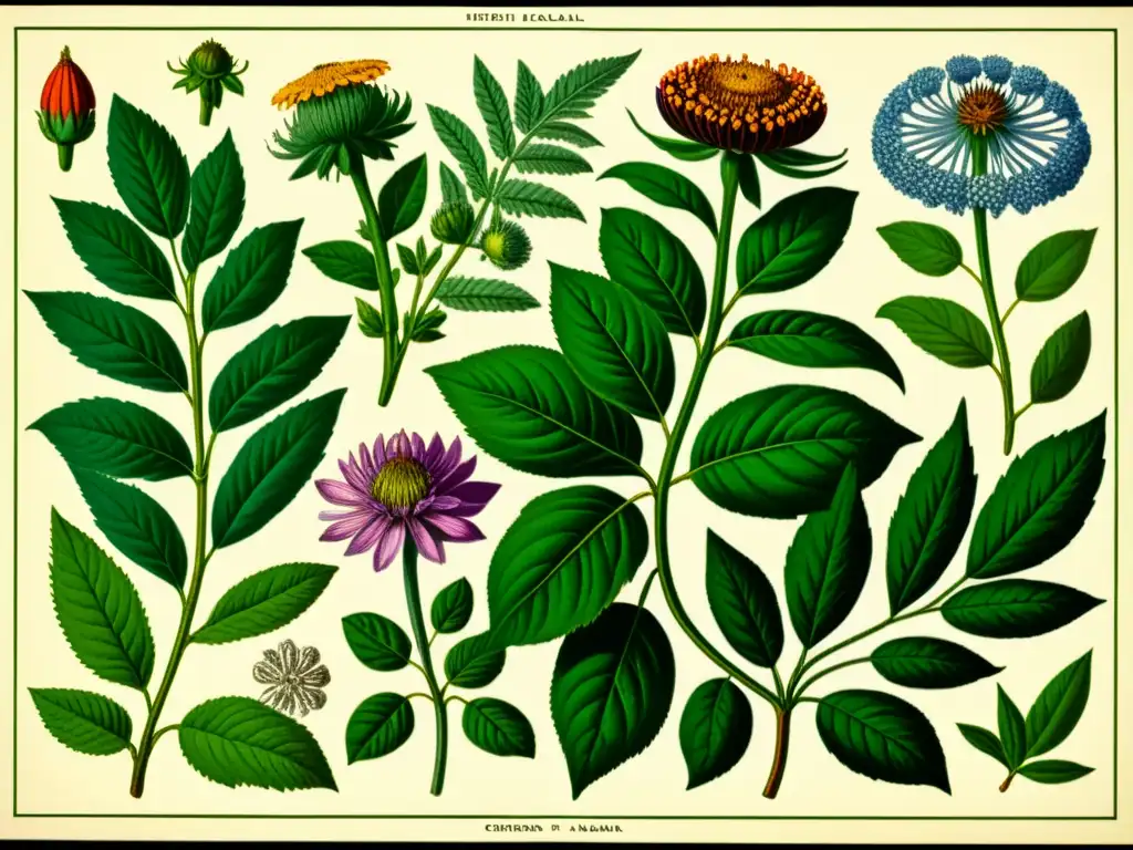 Detallada ilustración vintage de plantas medicinales rodeadas de elegantes bordes florales, evocando historia y poder curativo natural