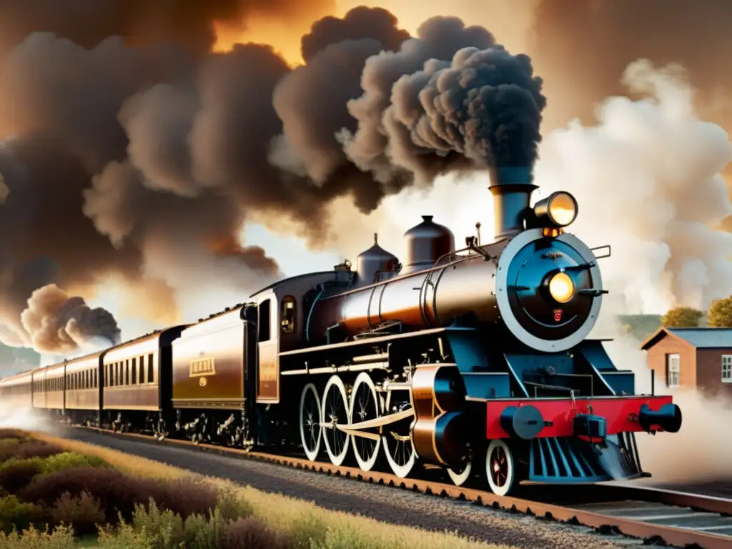 Detallada ilustración vintage de la primera locomotora de vapor, evocando la historia y los secretos de la era pionera